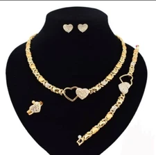 HUGS & KISSES Xo Set Necklace Bracelet RING Earring Double hearts gold filled 