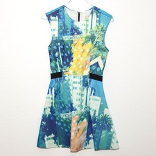 Kleid, blau, Neopren, Skyline, Palmen, grün, weiß, Sommer, XS, 32, 34, S A-Linie