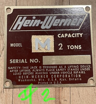 Hein-Werner Jack Data Plates FACTORY ORIGINAL Aluminum UNSTAMPED *Model M 2 TONS