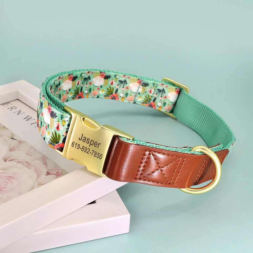 Personalized Nylon Leather Dog Collar Flower Printed Puppy Collars Free CustomID - Image 2 of 4