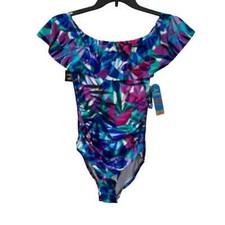 Swim Solutions Off the Shoulder Tummy Control 1piece Swimsuit Blue 8