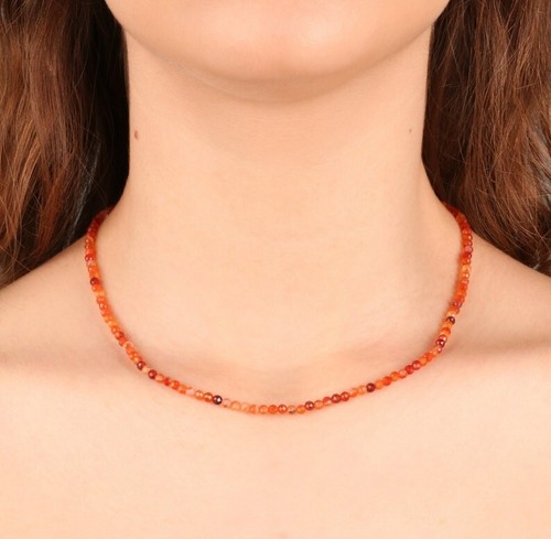 Collana donna corniola arancione sfaccettata rotonda 2-3 mm perle pietre preziose fatte a mano 24" - Foto 3 di 9