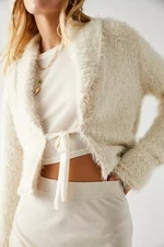 Free People Fuzzy Eyelash Cardigan Ivory Sequins Size M UK 12