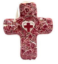 Tiled Cross The Lord Takes Broken Pieces Handcrafted Hanging Red and White 10"H