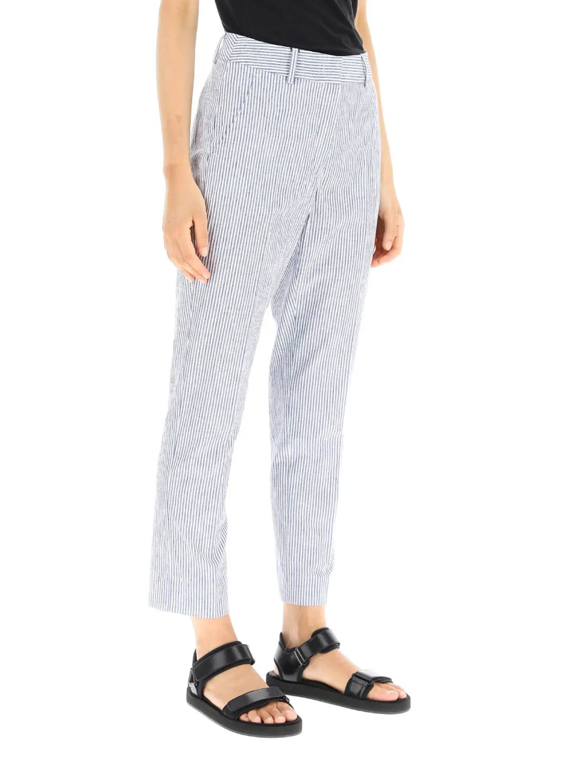 MAX MARA Weekend Seersucker Blue White Striped Cigarette Chino Trousers UK  12