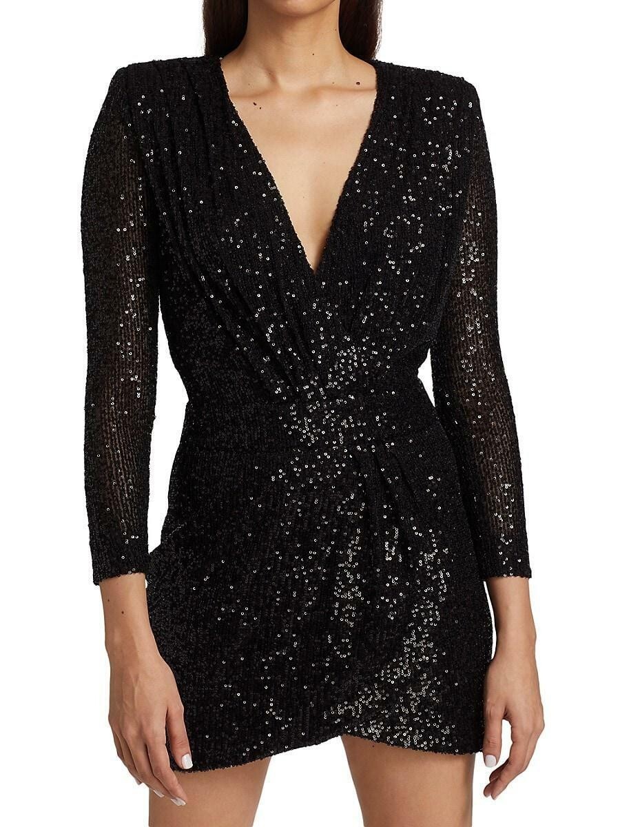NWT $395 Ramy Brook Becky Long Sleeve Sequin Deep V-neck Cocktail Dress  Black 12 | eBay