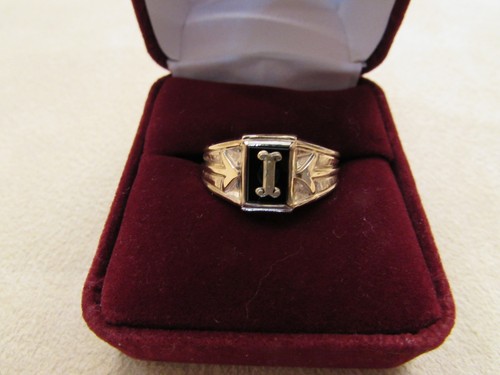 Anillo inicial "I" relleno de oro amarillo dedo pequeño/niño con piedra ónix - Imagen 7 de 13
