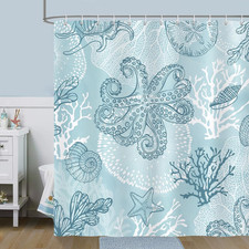 Octopus Shower Curtain, Teal Blue Ocean Coral Seashell Coastal Beach Bathroom De
