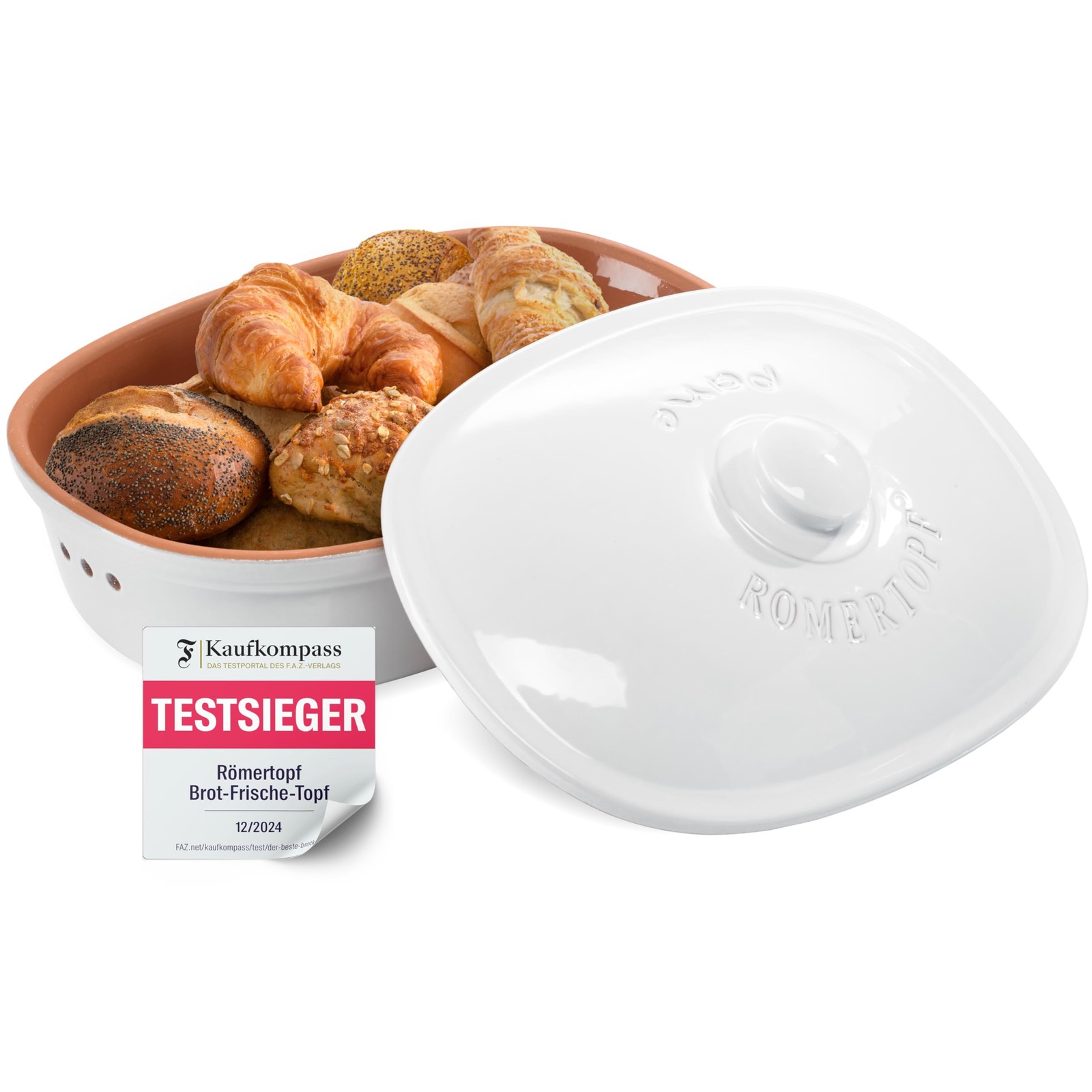 Römertopf Brottopf weiß 6,5 Liter – ovaler Brotbehälter aus natürlicher Keram...