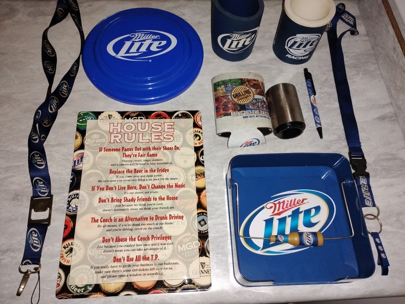 MILLER LITE BEER NAPKIN HOLDER,FRIZBEE,TIN SIGN,COOZIES,PEN,LANYARD,OPENER  L-16
