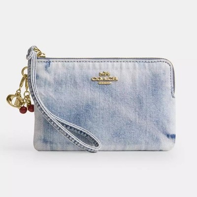 Coach Corner Zip Wristlet in Loved Denim with Cherry Charm Blue NWT