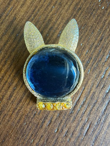 Vintage Gold-Tone Bunny Brooch Blue Cabochon Face Yellow Rhinestones ...