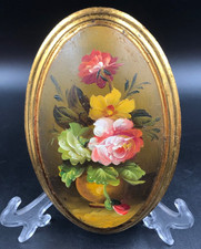 Quadro ovale vintage olio sul tavola legno bombato natura morta cornice d'orato