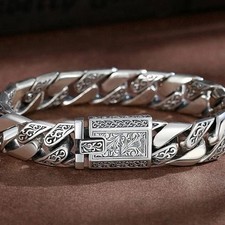 Men's Solid925 Sterling Silver Heavy Thick Clasp Cuban Chain Link Retro Bracelet