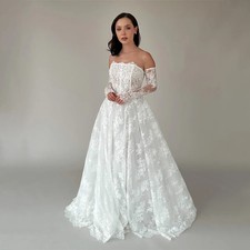Strapless A-Line Wedding Dresses Lace Backless Zipper 3/4 Sleeve Bridal Gown