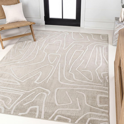 Modern High-Low Area Rug 5x8 Beige/Cream, Pet-Friendly & Easy-Cleaning
