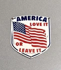 VINTAGE AMERICA LOVE IT OR LEAVE IT PORCELAIN SIGN CAR GAS TRUCK OIL MOTORCYCLE