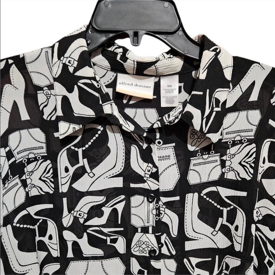 Alfred Dunner Mujer Negro Zapato Bolso de Mano Estampado Transparente Camisa Abotonada Blusa 18W Foto 3 de 4