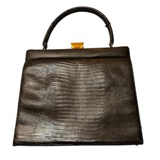 Vtg Crouch Fitzgerald Black Reptile Leather Handbag with Brass Hardware