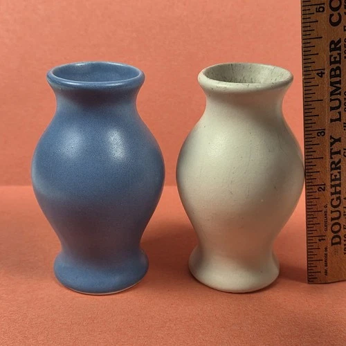 2 Red Wing Rumrill Art Pottery 4" Mini Vases #324 Novelties Matte Blue and White