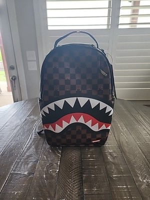 Sprayground Checkered Shark Backpack Brown Black Red Adjustable Straps Pockets