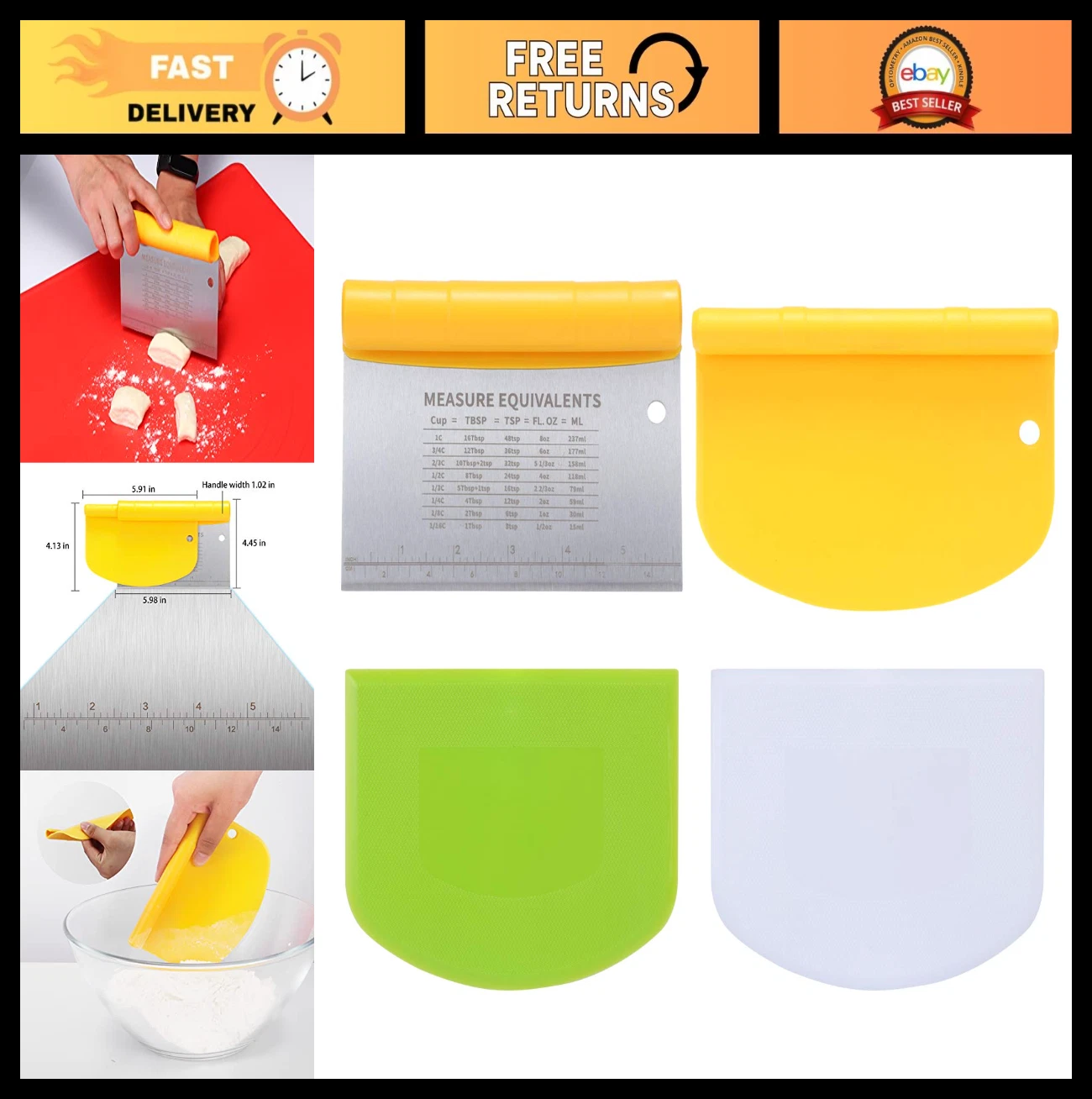 4-Piece Dough Scraper Set - Stainless Steel & Flexible Plastic, 2-in-1 Baking To
Opens in a new wind