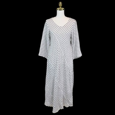 Lisa Bayne 100% Linen Striped Maxi Dress Made USA 3/4 Sleeve Asymmetrical  Size S | eBay