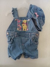 Vintage Winnie The Pooh Denim Shortalls Overalls Girl's Size 3-6 Months w/Hat