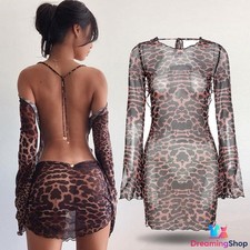 Sexy Sheer Lingerie Leopard Halter Neck Bodycon Dress Cocktail Party Clubwear