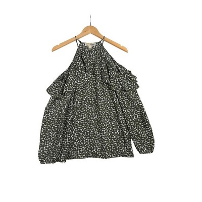 Michael Kors Leaf Printed Cold Shoulder High Neck Blouse size Medium Green/White