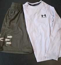 Lot Under Armour ColdGear Solid Green White Long Sleeve Shorts Shirt XS Boys New