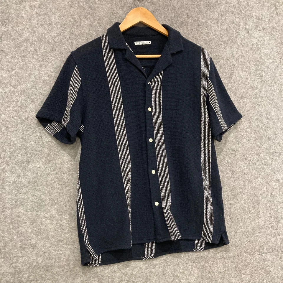 Zara Shirt Mens Size Medium Blue Knit Short Sleeve Button Up Slim 39334 - Image 2 of 4