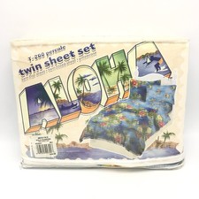 Mervyn's Aloha Hawaiian Twin 3pc Sheet Set Flat Fitted Pillowcase Hula Sunrise