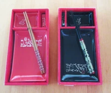 Red & Black ceramic sushi sets - chopsticks, plate,mixing plate, chopstick rest