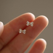 Stud Earrings Small Clear Crystal Bow Cute Elegant Womens Girls Present Gift
