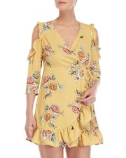 Romeo Juliet couture Women’s cold Shoulder wrap yellow floral print dress new