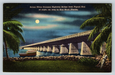 Key West Florida Pigeon Key Highway at Night c1954 Postcard