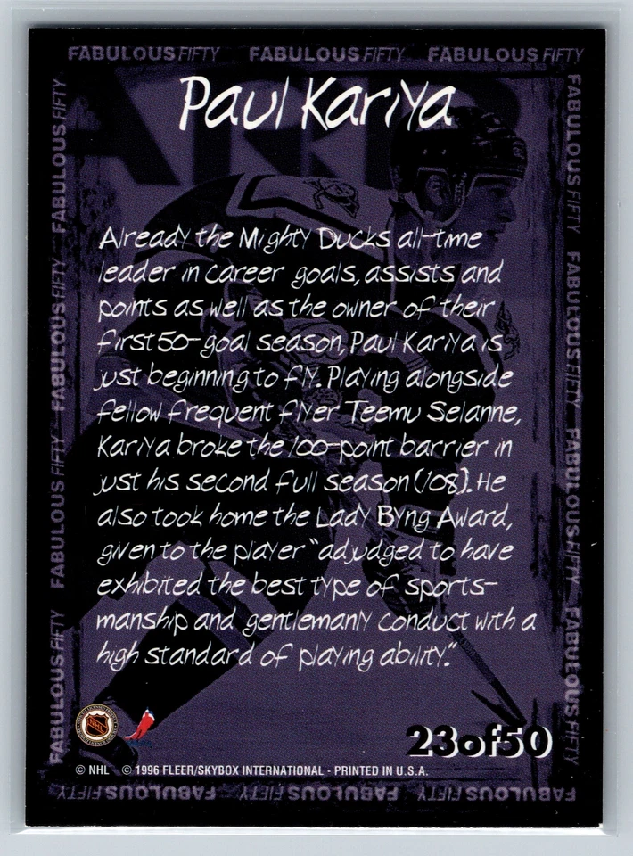 1996-97 Fleer NHL Picks #23 Paul Kariya Fabulous 50 Anaheim Mighty Ducks - Image 2 of 2