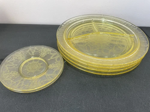 6 Yellow DEPRESSION GLASS 4 Dinner Grill Plates 2 Bread BALLERINA Anchor DIVIDED