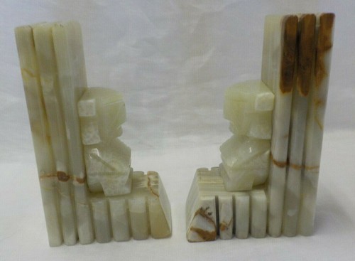 Onyx Agate Natural Stone Hand Carved Bookends Mid Century Aztec Mayan Figurines - Picture 5 of 12