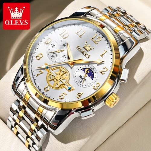Orologio da Polso OLEVS Uomo Lusso Acciaio Inox Impermeabile Fasi Lunari Timer Quarzo - Foto 6 di 12