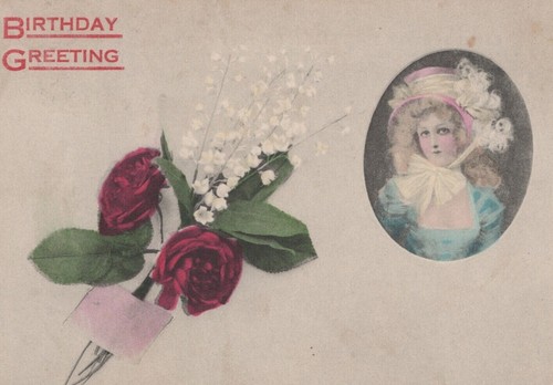Geburtstagsgruß internationale Blumen Portrait geteilte Rückseite Vintage Postkarte
