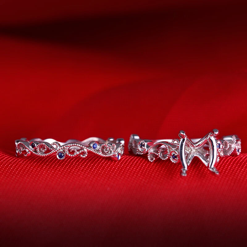 Wedding 0.14CT Sapphires Ring Sets Silver 925 Cushion/Emerald 9x7mm Semi Mount - Image 2 of 4