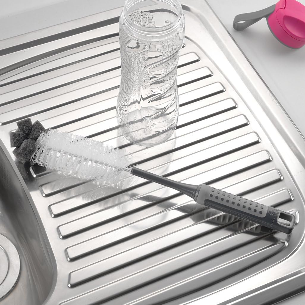 Addis ComfiGrip Long Handled Bottle Brush with Sponge Scrub, Metallic