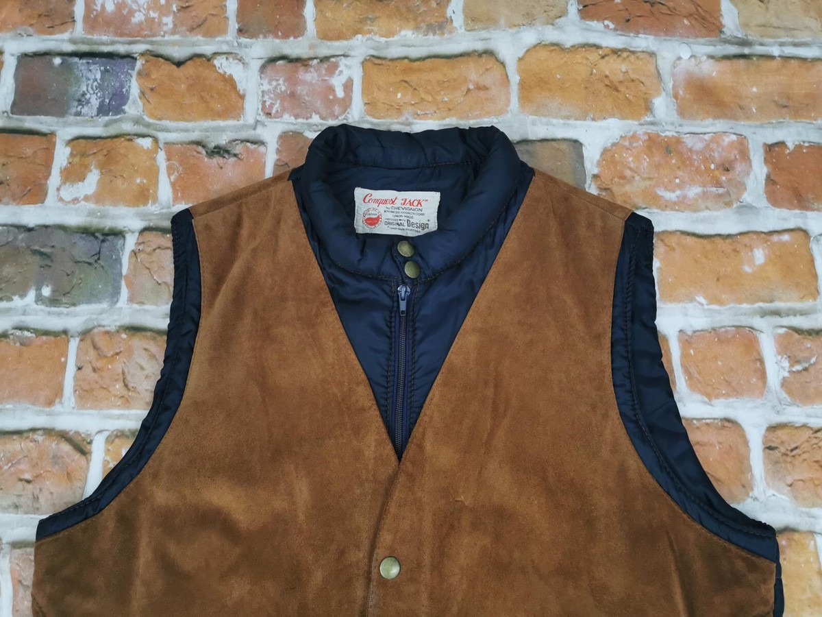 Gilet Vintage Chevignon En Cuir Et Nylon - Bleu Marine/brun, Taille M, Style Aviateur - Occasion Très Bon état