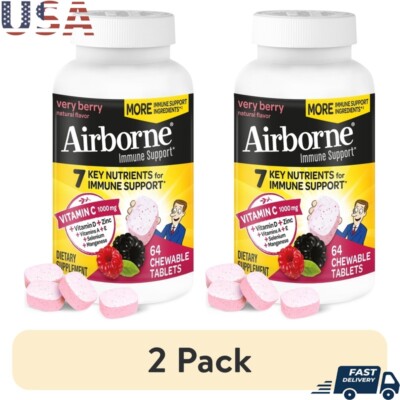 Immune Support Vitamin C Zinc Chewable Tablets Very Berry Flavor 64 ct 2 Pack US