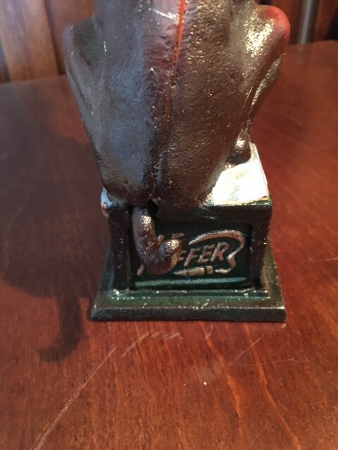 VINTAGE OLE PUFFER NICKEL CIGAR DOG CAST IRON MECHANICAL COIN BANK