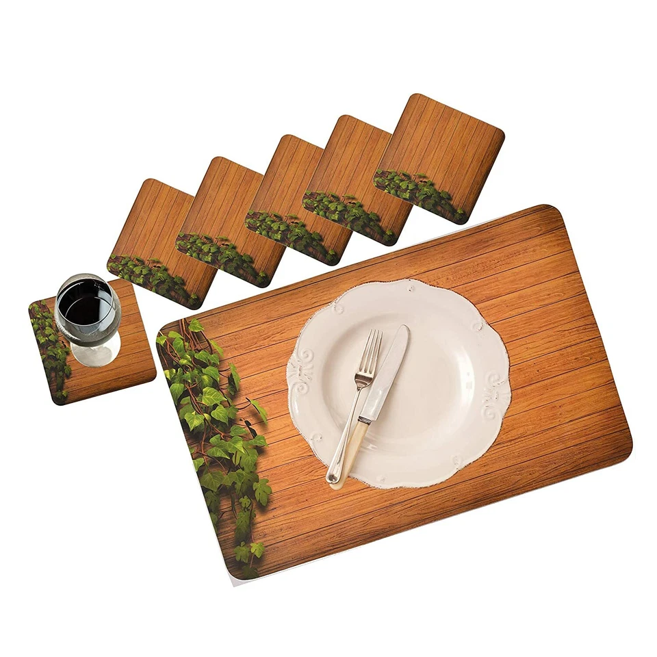 Beautiful Wooden Design PVC Dining Table Placemat with PVC Tea Coaster Set Of 6 - Image 2 of 4