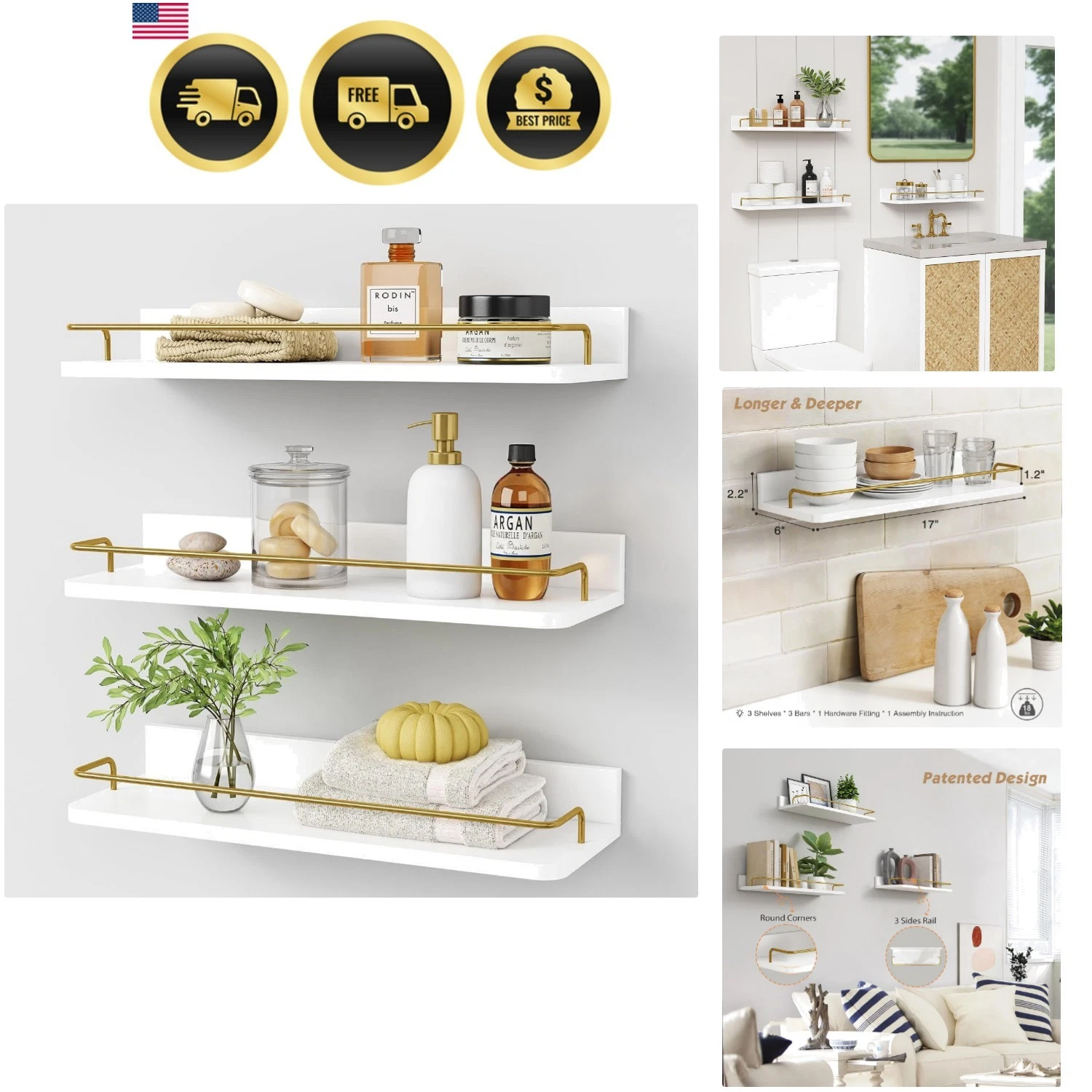 Gold Floating Shelves for Wall Decor Set of 3, Bathroom Shelves Over Toilet, ...
