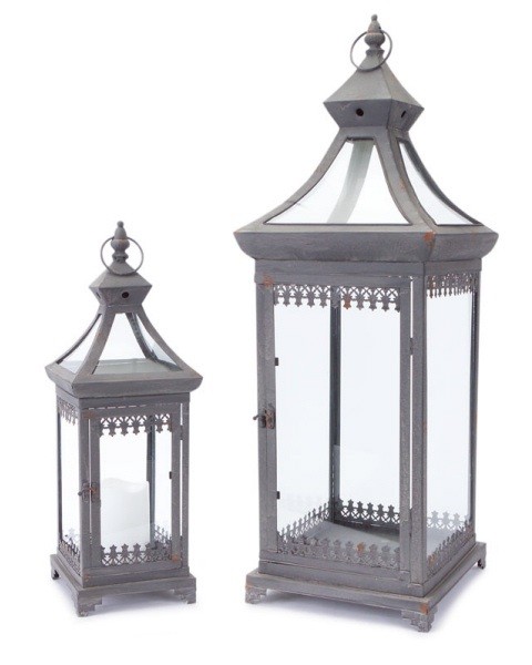 Melrose 2 Brocade Bourgeoisie Weathered Metal Glass Pillar Candle Lanterns 29"